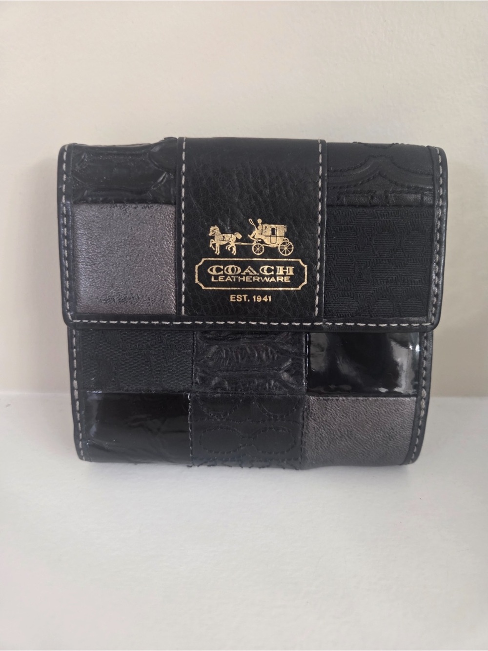 Coach Patchwork Black Gray Trifold Wallet